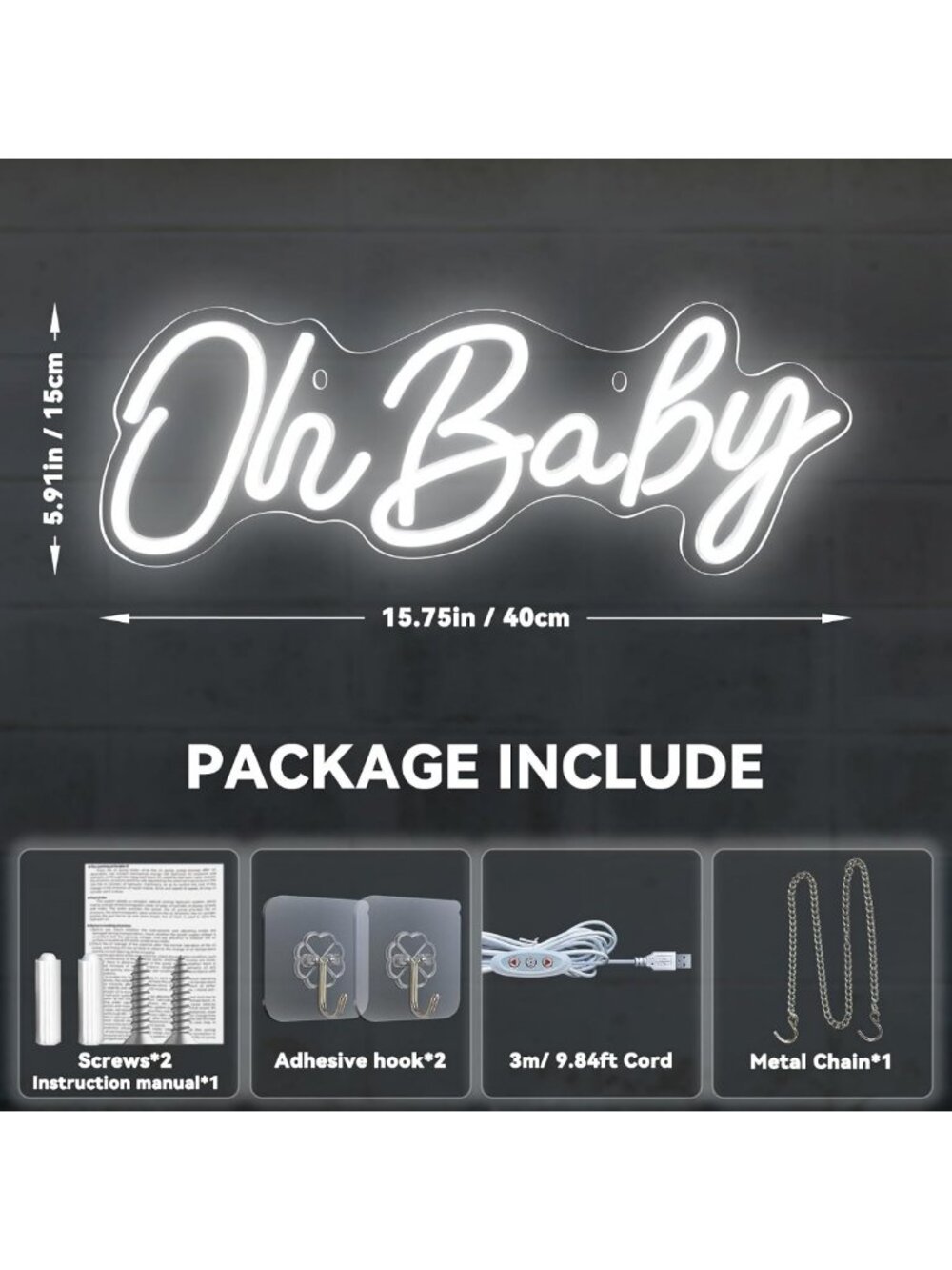 Dimmable LED Neon "Oh Baby" Sign for Baby Shower, Gender Reveal & Party Decor - Picture 2 of 6